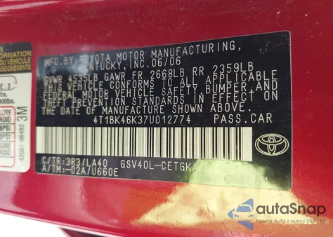 2007 Toyota Camry Le V6/Se V6/Xle V6 из США, поврежденный, VIN 4T1BK46K37U012774